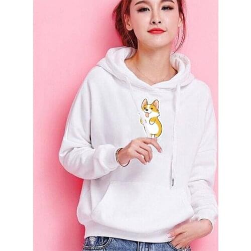 Corgi Dog Print Hoodies Kawaii Women Female Long Sleeve Solid Hooded Sweatshirt Pullover Sweat Coat Casual Sportswear Streetwear