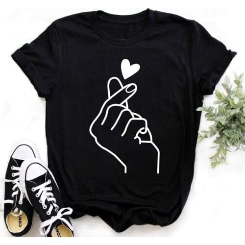 ZOGANKIN Womens T-shirt Short Sleeve T shirt Female Heart Gesture Print Black Shirts Girls Summer Fashion Clothes