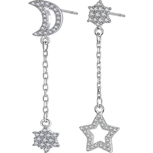 Hot Sell New Fashion Shiny Zircon Star Moon Design 925 Sterling Silver Stud Earrings for Women Jewelry Gift Wholesale