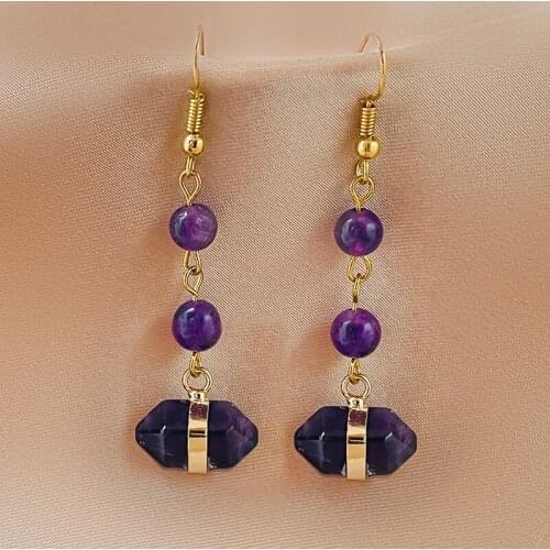 2021 New Earrings Purple Natural Stone Long Tassel Earrings for Women Amethyst Black Dangle Earrings Fashion Jewelry Vintage