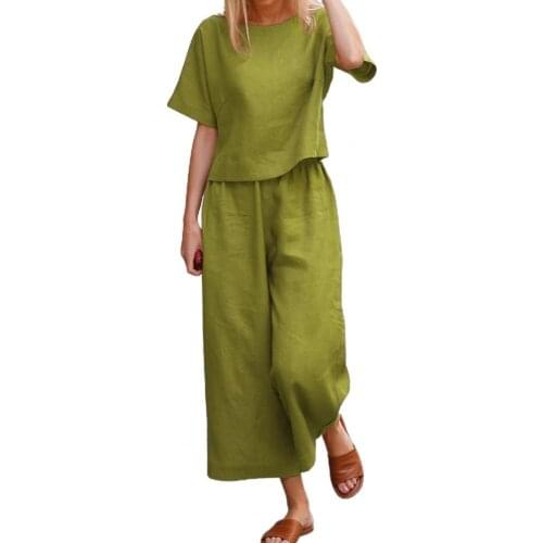 Women Outfit Solid Color Wide Leg Two-piece Round Neck Short Sleeve Tops Cropped Pants Casual Ladies Sets vetement femme 2021