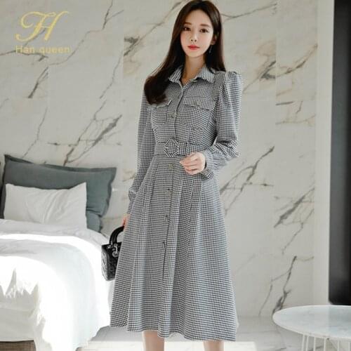 H han queen Korean Autumn Vintage Plaid Dresses Women Elegant Single-breasted Slim Office Dress 2020 New Work Casual Vestidos