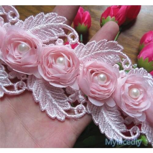 1 yard Pink Soluble 75mm Pearl Rose Flower Embroidered Lace Trim Ribbon Fabric Handmade DIY Wedding Dress Sewing Supplies Craft