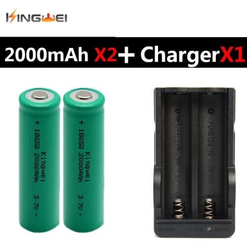 Really Capacity 2000mAh 2 Pieces KingWei Green Batteries With 18650 3.7v Rechargeable Li-ion Battery Charger for LED Torch