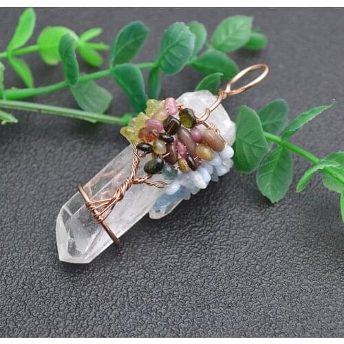 5pc Natural Crystal Quartz Point Pillar Chakra Pendant Mix Stone Chips Beads Winding Wire Life Tree Fit Necklace Jewelry Making