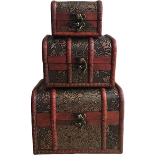 80% Hot Sale 3Pcs Wooden Treasure Chest Stash Box Jewelry Makeup Storage Organizer with Lock Durable Wooden Display Box For Home