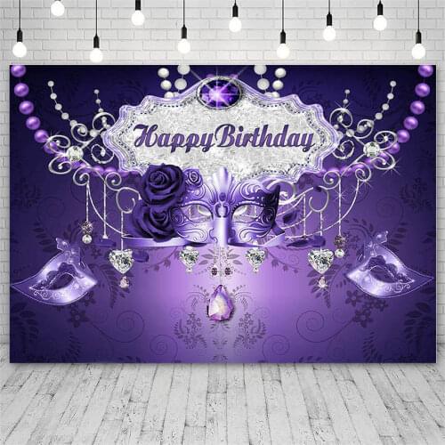 Avezano Photography Backdrop Happy Birthday Purple Flower Jewelry Diamond Mask Background Photo Studio Photocall Photozone Decor