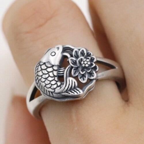 BOCAI New 100% real solidBOCAI real S925 pure silver jewelry lotus fish child ring retro style good luck koi ring for woman