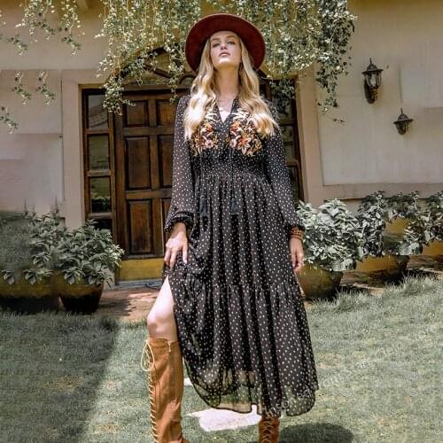 Boho Inspired black floral embroidery dress for women long sleeve smocked waist V-neck maxi dress new 2021 autumn dress vintage