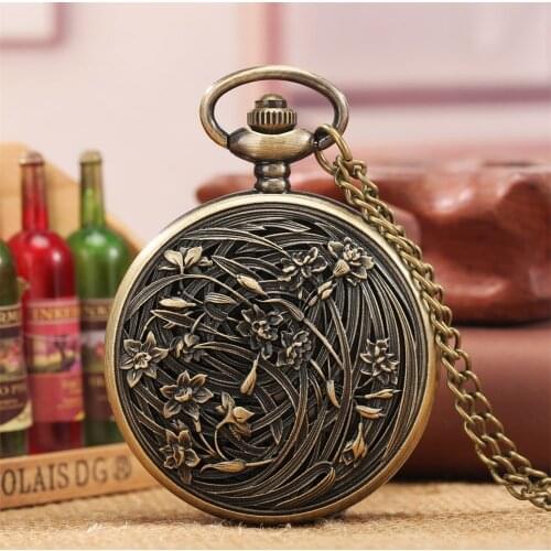 Bronze Orchid Grass Pattern Quartz Pocket Watch Full Hunter Necklace Pendant Antique Pocket Timepiece 80 cm Sweater Chain