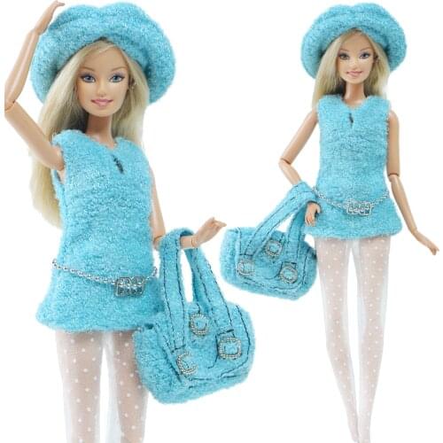 BJDBUS Elegant Blue Set Doll Outfit Mini Gown Dress Hat Big Handbag Lace Stockings Clothes for Barbie Doll Accessories Kids Toy