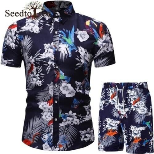 Summer New Mens Casual Suit Hawaiian Print Short Sleeved Shirt Shorts Mens Sets