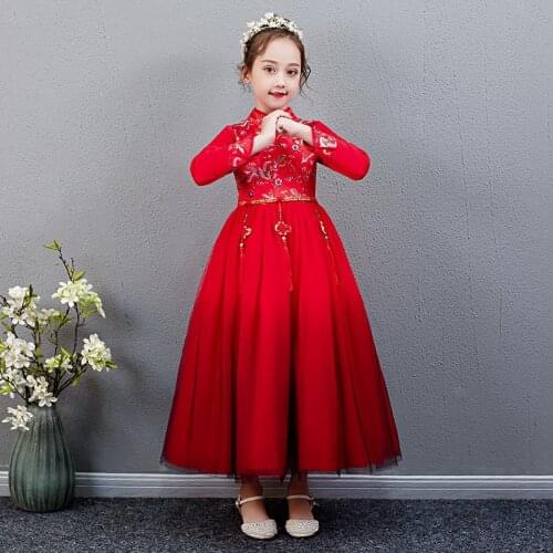 Red Girls Flower Evening Gowns China Satin Cheongsam Dresses Kids Clothes Children Chinese Style New Year Mesh Princes Dress