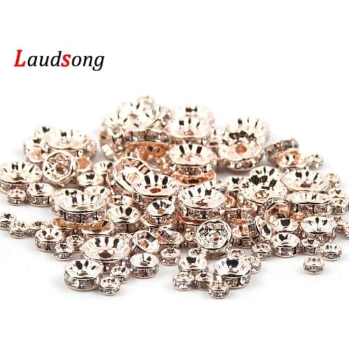 4 6 8 10mm 50pcs/lot Rose Gold Crystal Beads Rhinestone Rondelles Round Loose Spacer Beads For DIY Bracelet Jewelry Making