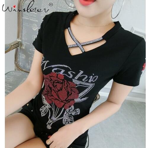 Summer European Style T-Shirt Slim Fashion Sexy V-Neck Hollow Out Women Tops Short Sleeve Shiny Diamonds Rose Tees 2021 T14421A