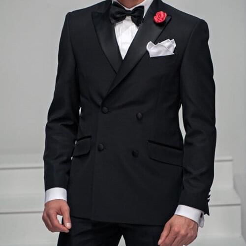 Fashion Tailor Made Double Breasted Black Suits Men Slim Fit Groom Tuxedo For Wedding Travel Party Male Clothing (Jacket+Pants)