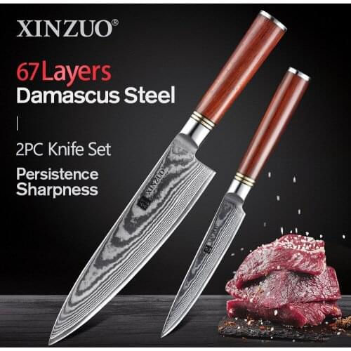 XINZUO 2 PCS Chef Knife Set VG10 Damascus Steel New Chef Utility Knives Stainless Steel Kitchen Cutlery with Rosewood Handle
