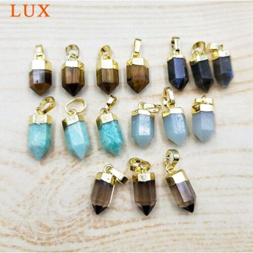 Natual mini jewelry tiny tiger eye bullet pendant with gold metal plated green chalcedony Hexagonal Prisms Pencil-agates stone