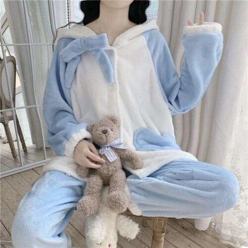 Kawaii Clothing Cute Bunny Pajamas for Women Loungewear Winter Flannel Pijamas Loose Casual Velvet Tops Pyjamas Woman Pj Set