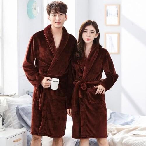 Negligee Pajamas Kimono Nightwear Winter Robe Coral Fleece Flannel Sleepwear Nightgown Lovers Home Clothing Bath Women&men