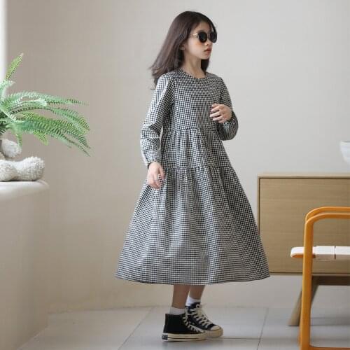 8 to 16 Years Teen Kids Plaid Maxi Dress 2021 New Girls Autumn Dress School Uniform Fashion Children Cotton Clothes,#6497