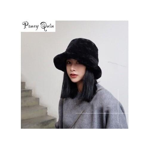 Fisherman hat female autumn winter wide-brim leisure fashion warm thick fur hats wool bucket winter hats for Women Flat Top Cap