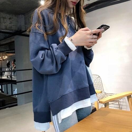 Slim Sweatshirt For Women Cotton Fake Two Pieces Long Sleeve Oversized Hoodie Spring Autumn Thin Student Tops Women
