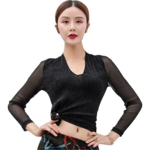 Women Dance Clothing Accessories Long Sleeves Elastic Mesh Crop Belly Dance Shinny Tops with Pin