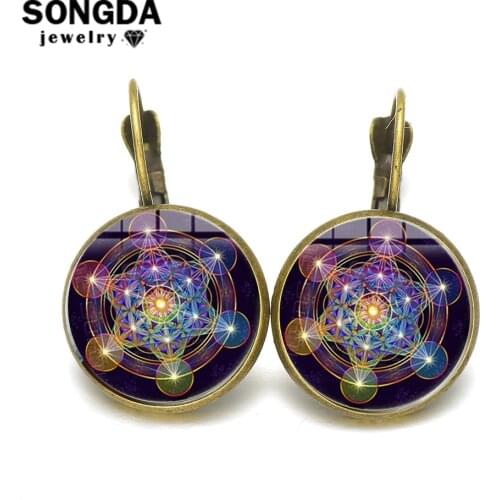 SONGDA Metatron Cube Statement Earrings Big Sacred Geometry Flower of Life Art Pattern Glass Dome French Hook Earrings for Women