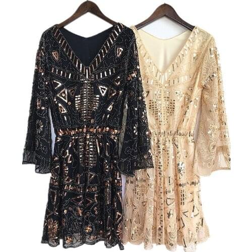 Fashion Embroidery Flare Long Sleeves V-neck Geometric Sequin Lace Mesh Beading Elastic Waist Casual Retro Dresses Woman 96120