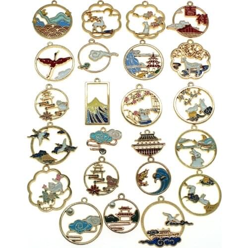 10pcs/lot Random mix Chinese style Pavilion Flower Rabbit Cat Enamel Charms for DIY Earring Jewelry Handmade Finding XL1102