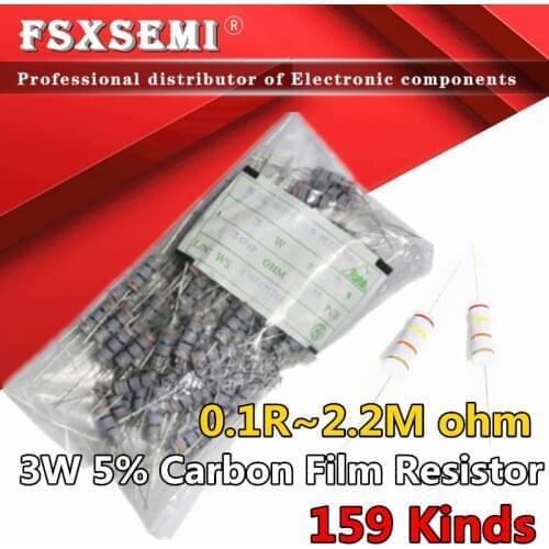 100pcs 3W 5% Carbon Film Resistor 0.1R~2.2M 1R 2.2R 10R 22R 47R 51R 100R 150R 470R 1K 4.7K 10K 47K 1 2.2 10 22 47 51 100 150 470