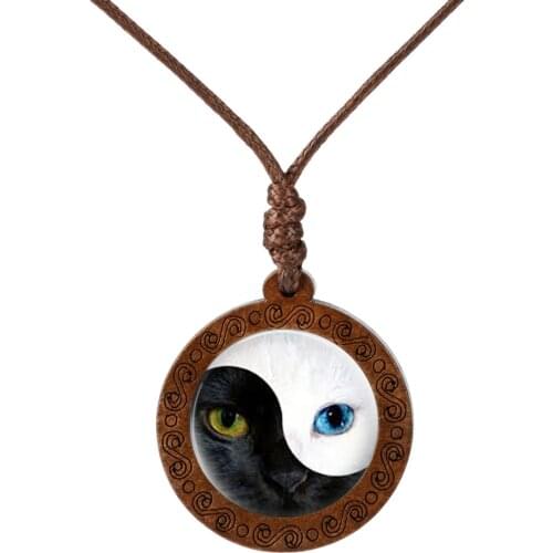 2019 New Arrival Glass Cabochon Wooden Pendant Necklace Ying Yang Steampunk Style Retro Charm Necklace Jewelry Gift Men Women