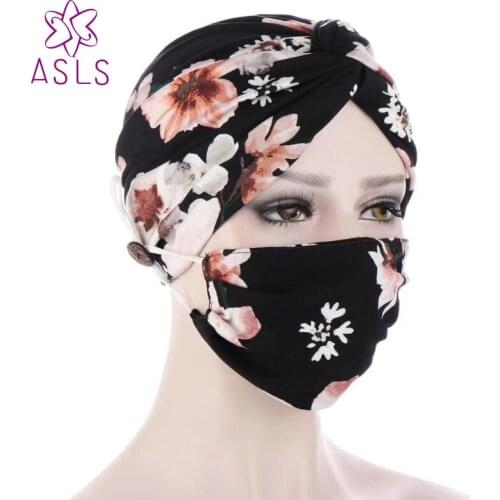 2021 New Fashion Twist Hood Mask Set anti button hoodn Street Hat Printing Headband Muslim hood Ladys hair accessories
