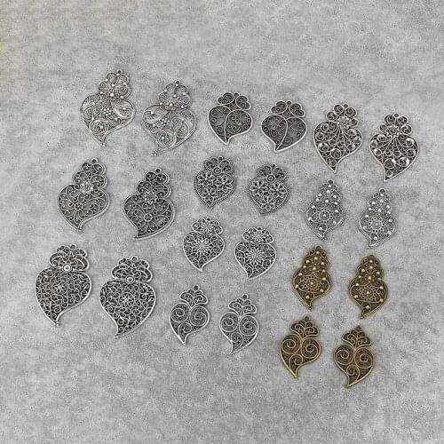 4 Pairs Antique Hollow Filigree Flower Portugal Viana Heart Charms Pendants for Necklace Making Jewelry Findings