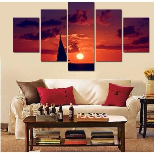5 Pieces Sunrise At Sea Modern Canvas Painting Prints On Canvas Sailing Ship Wall Pictures For Living Room Cuadros Decoracion