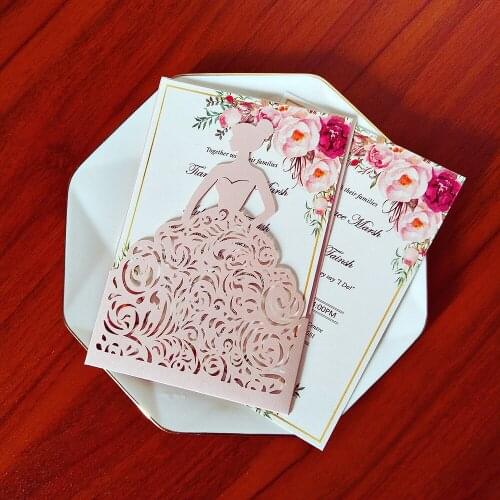 50pc/lot Light Pink Quinceanera Invitations DIY Personalized Print Sweet Birthday Greeting Card Anos Wedding Party Invites