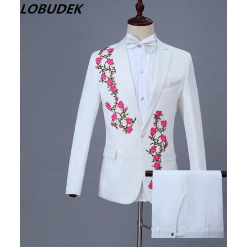 White Mens Suits Adult Choral Dress Flowers Embroidery Blazers Suit Host Singer Chorus Costume Wedding Studio Stage Outfits