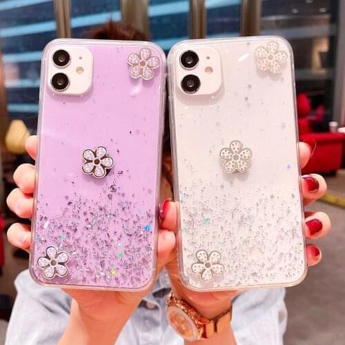 Gradient Flashing Diamond Flowers Phone Case For Huawei Mate 40 30 30E 20 X 10 9 Pro Plus Lite Transparent Cover