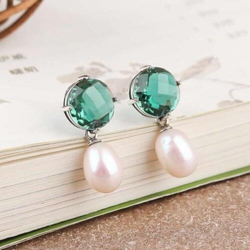 Pure S925 Silver Earrings Women Green Crystal Pearl Earrings Vintage Earrings