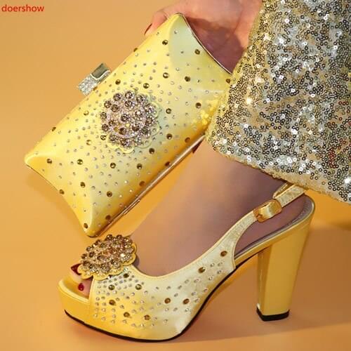 Doershow beauty Lady Italian Shoes and Bag Set gold color African Shoes and Matching Bags Italian Nigerian Shoes and Bag!SXX1-46