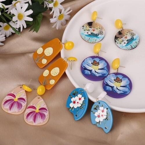 European and American popular jewelry with tassel girl heart painted blue flower animal cartoon oval daisy earrings for women