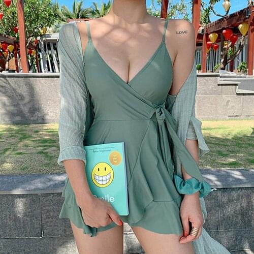 Korea Style One Piece Swimsuit Women Solid Swimwear Ruffle Monokini Push Up Swim Suit Wrap Trikini Green Bathing Suit Bow Pad