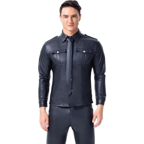 Wetlook Mens Gay Latex T-shirt Tees Leather Turn-down Collar Button Down Slim Fit Nightclub Shirts for Adult Party Clubwear