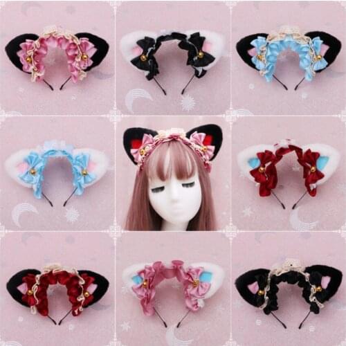 Japanese Sweet Lolita Cat Ears KC Headband Headdress Girls Cute Bowknot Bell Lace Hair Clip Satin Hair Accessories Cosplay