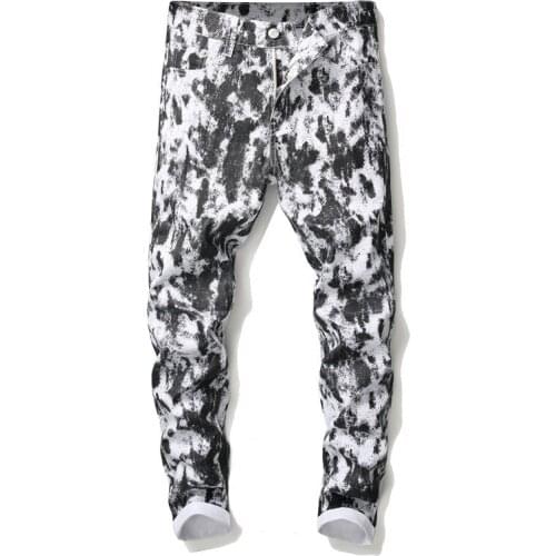 2021 New Mens black spots printed white jeans Fashion slim fit stretch cotton denim pants Fashion personality Leisure