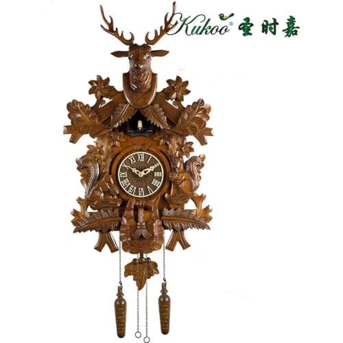 Deer Creative Cuckoo Wall Clock Wood Hand-carved Retro Antique Wall Clock European Big Music Living Room Home Decoration W6B
