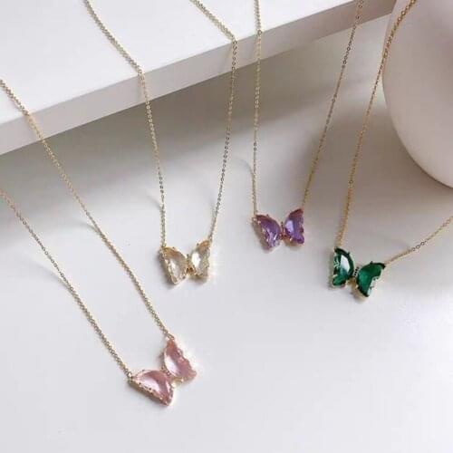 Korean Cute Butterfly Choker Necklaces Women Colorful Transparent Crystal Butterfly Pendant Clavicle Chain Female Collar Jewelry
