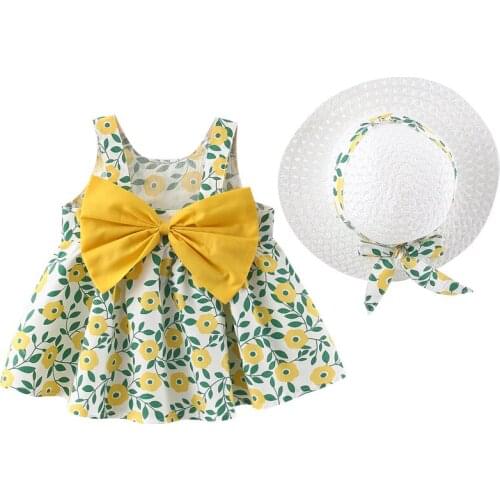 Baby Girls Tutu Dress Summer Sleeveless Backless Princess Birthday Party Dresses Flower Bow Sundress with Straw Hat Set