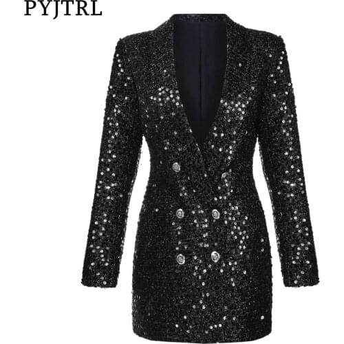 PYJTRL New Fashion Women Shawl Lapel Shiny Sequins Suit Jacket Female Double-breasted Long Coat Slim Fit Blazers Autumn Clothes